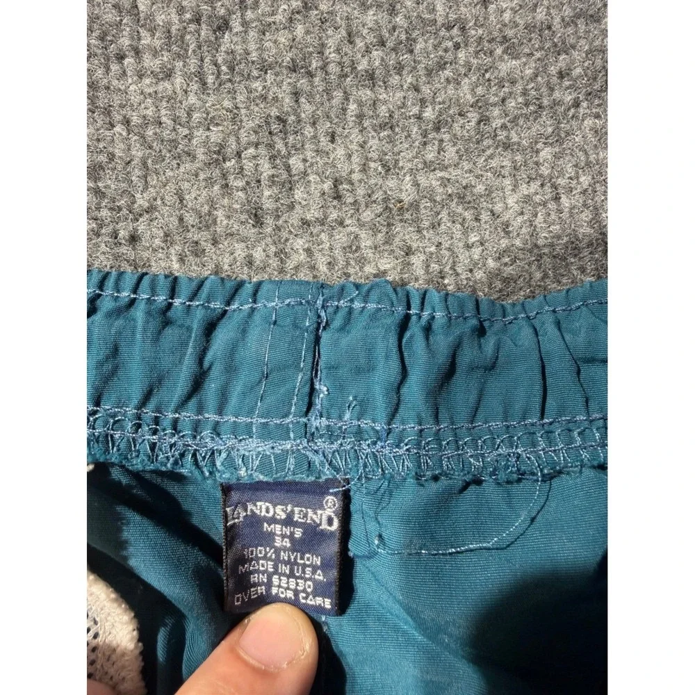 Lands End Vintage Mens 34 Nylon Pants Teal Blue Elastic Waist Made in USA
